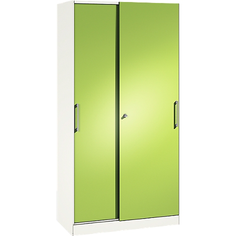 Wardrobe with two green sliding doors, white frame and narrow metal handles.