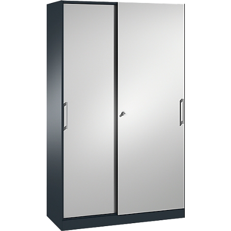 Dark grey cabinet with two light grey sliding doors. Handle bars on the sides and lock in the middle.