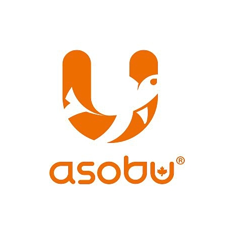 Oranges Asobu Firmenlogo mit stilisierter Fisch- und U-Form sowie kleinem Ahornblatt.
