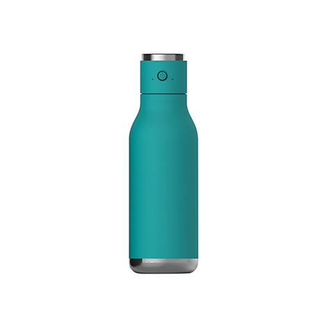 Türkisblaue, isolierte Trinkflasche mit elektrischem Verschluss und Power-Button vor weißem Hintergrund.