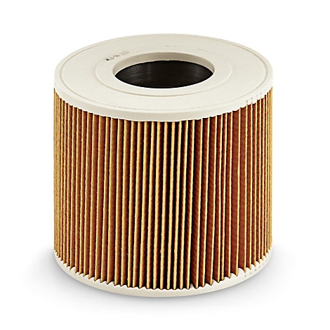 Filtro de aceite cilíndrico, papel dorado con tapa blanca. Un agujero oscuro en el medio de la parte superior.