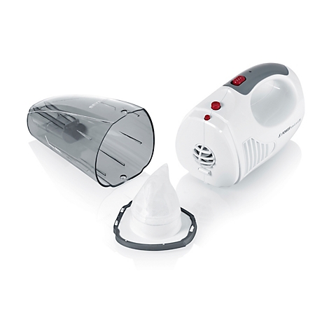 Aspirateur sans fil démonté : sac, boîtier et filtre, sur fond blanc.
