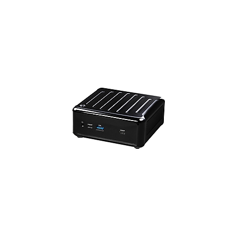 Schwarzer Mini-PC mit geriffelter Oberseite, USB- und Audioanschlüssen.