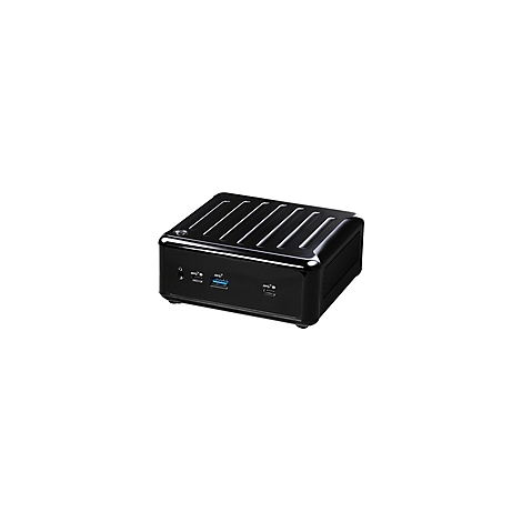Schwarzer Mini-PC mit glänzender Oberfläche, Rillen auf der Oberseite, Anschlüsse vorn.
