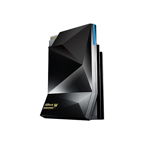 Schwarzer, facettierter ASRock Gaming Mini-PC vor weißem Hintergrund mit blauem Lichtstreifen.