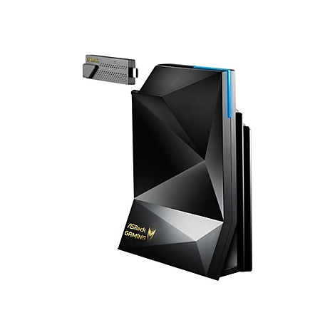 Schwarzer, facettierter ASRock Gaming Router mit blauem LED-Streifen und kleinem USB-Stick auf weißem Hintergrund.