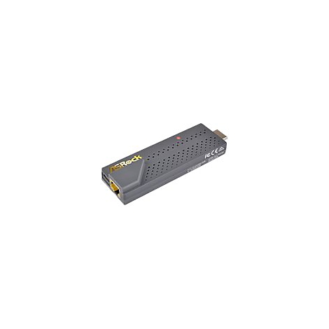 Ein grauer ASRock HDMI-Stick mit einem gelben Ethernet-Anschluss und einer kleinen roten Status-LED.