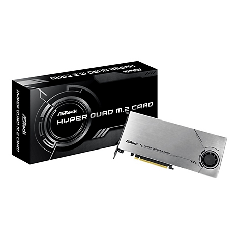 ASRock Hyper Quad M.2 Karte mit metallischem Gehäuse und schwarzer Verpackung vor weißem Hintergrund.