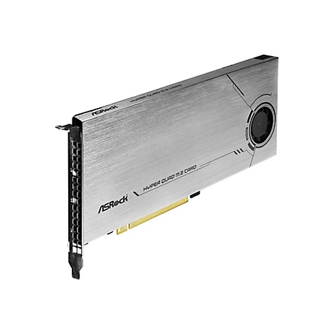 ASRock Hyper Quad M.2 Karte in gebürstetem Aluminium mit schwarzem Lüfter auf weißem Hintergrund.