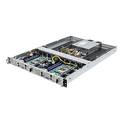 Geöffneter Serverschrank mit freiliegendem Mainboard, Prozessorsockeln, Arbeitsspeicherslots und Netzteil.