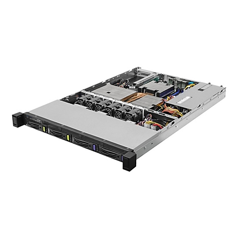 Geöffnetes Rack-Server-Gehäuse von schräg oben mit sichtbaren Festplatteneinschüben, Lüftern und Hauptplatine.