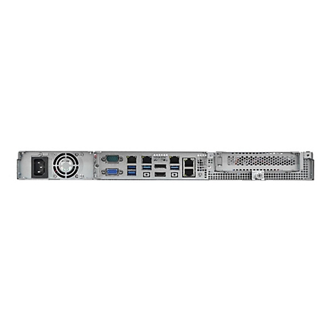 Rückseite eines schmalen Servergehäuses mit diversen Anschlüssen, Lüfter und Netzteilbuchse.
