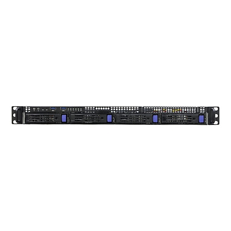 Schwarzer 1U Rack-Server mit vier Festplatteneinschüben und blauen Verriegelungshebeln auf weißem Grund.