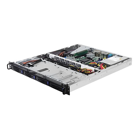 Geöffneter Rack-Server mit freiem Blick auf das Mainboard, Kabelmanagement und Festplatteneinschübe.