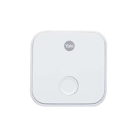Quadratisches, weißes Yale Smart Home Hub Gerät mit einem zentralen runden Knopf.