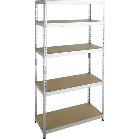 Metal shelf with 5 wooden shelves. Gray, industrial. Ideal for storage, garage or basement.