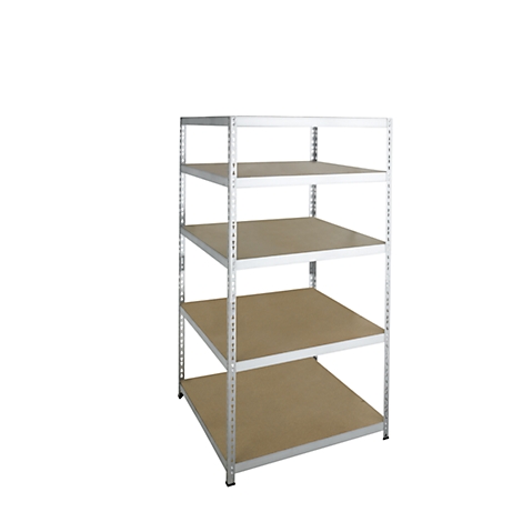 Metal shelf with five tiers, light wood panels, white background.