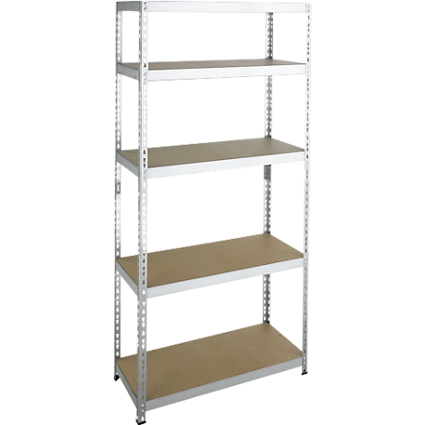 An open, silver shelf with five brown shelves, against a white background.