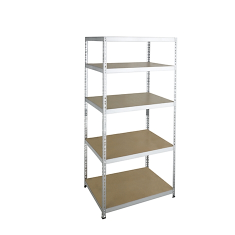 A white metal shelf with five wooden shelves, isolated against a white background.