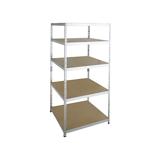 A metal shelving unit with five shelves against a white background.