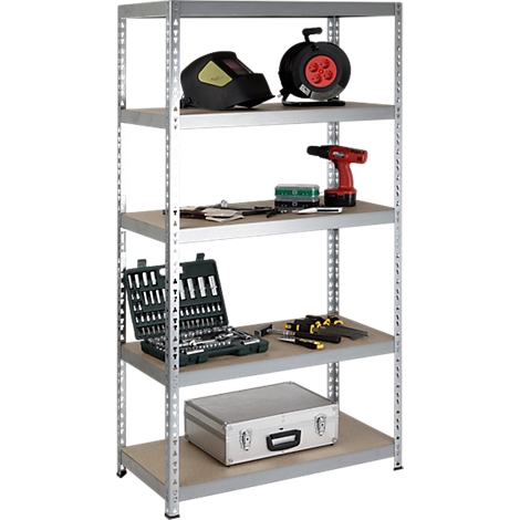 Metal shelf with tools: welding mask, cable reel, drill, wrenches, screwdrivers, tool case. Light wooden boards and silver metal frames.