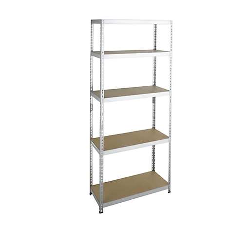 A silver metal shelf with five brown shelves, on a white background.