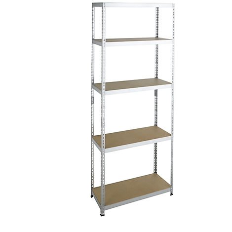 Metal shelf with 5 wooden shelves. The sides are silver and the shelves are brown. Stands against a white background.