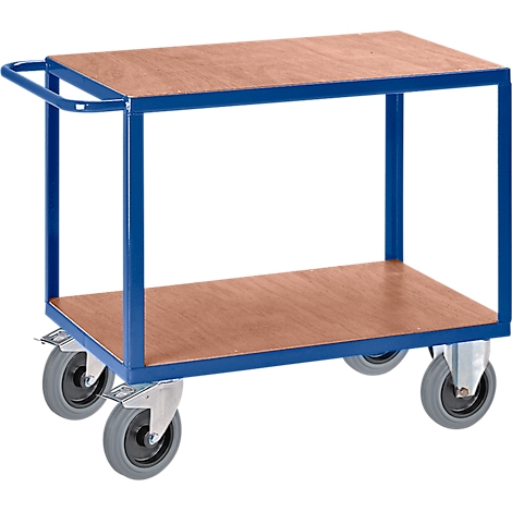 Blue transport cart with wooden panels and four wheels.