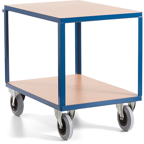 Blue trolley with two shelves, wood look and four castors.