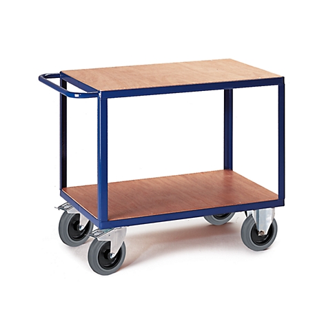 Two-tier blue service cart with wooden shelves, gray wheels, and handle.
