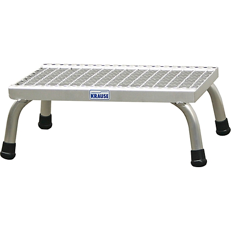 A silver metal step stool with a ribbed tread and rounded legs with black rubber feet.