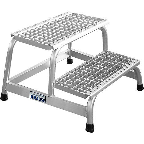 A silver two-step ladder standing out from a white background. The steps have a hole pattern, and the "Krause" logo is visible.