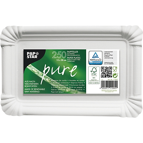 Paquet de plaques en papier blanc rectangulaire avec texte : "PAP STAR pure 250 ASSIETTES EN CARTON".