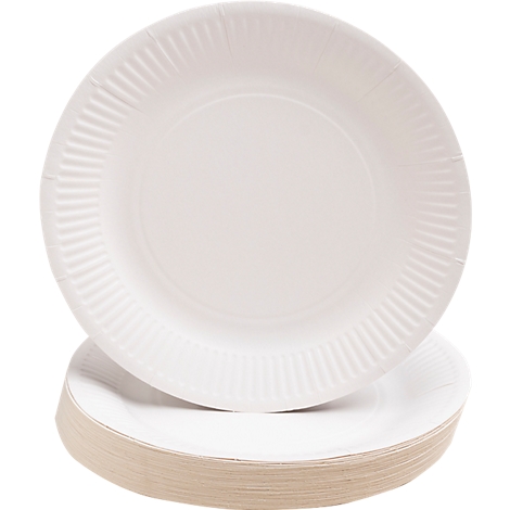 Assiettes en carton blanches, une est placée sur une pile.