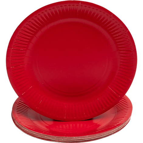 Assiettes en papier rouges; une est sur une pile, une au-dessus.