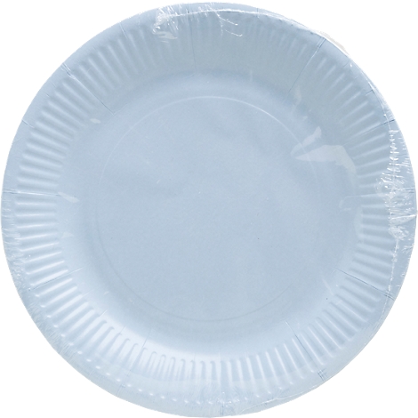 Assiette en papier bleu clair enveloppée dans une feuille transparente. Le bord de l'assiette est décoré de nervures.