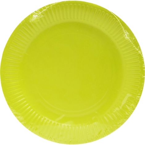 Une assiette en carton jaune fluo, enveloppée dans du film transparent.