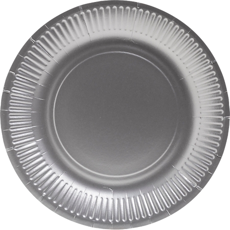 Une assiette en carton grise avec un bord cannelé.