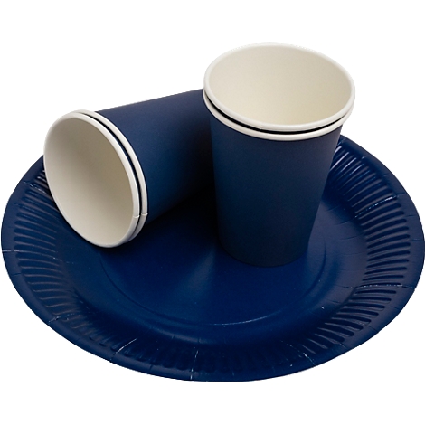 Gobelets et assiette en papier bleu sur fond blanc. L'assiette est ronde, avec des bords cannelés. Les gobelets ont un intérieur blanc et une bande noire.