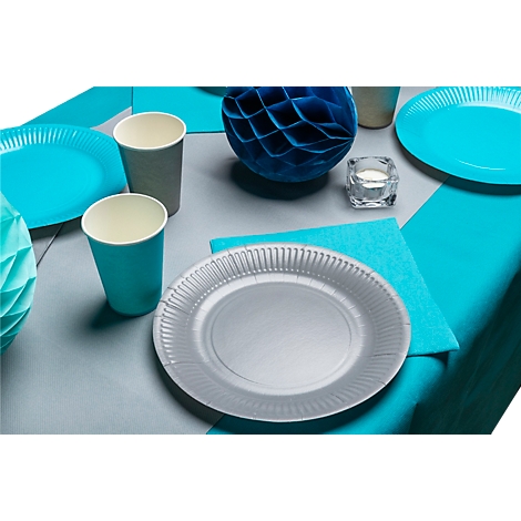 Gros plan sur des décorations de table avec des assiettes en carton, des gobelets, des serviettes et des boules décoratives en turquoise et argent.