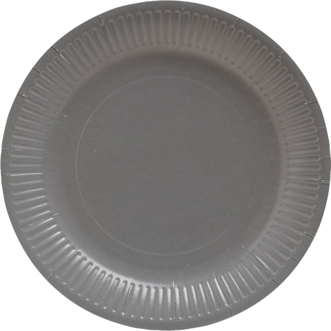 Assiette en carton grise avec un bord extérieur ondulé. La surface est lisse.
