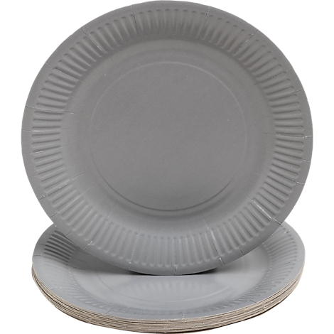 Assiettes en papier grises. L'une repose sur une pile, une autre est partiellement placée au-dessus.