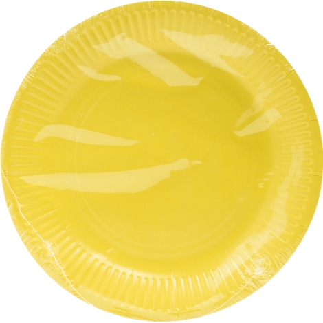 Assiettes en carton jaunes emballées dans du film plastique.