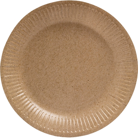 Assiette en carton marron avec un bord côtelé. L'assiette est ronde et a une surface claire et unie.
