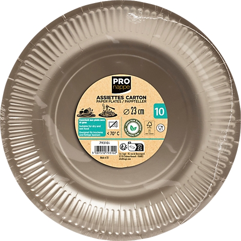 Assiettes en carton marron, emballées, avec informations produit.