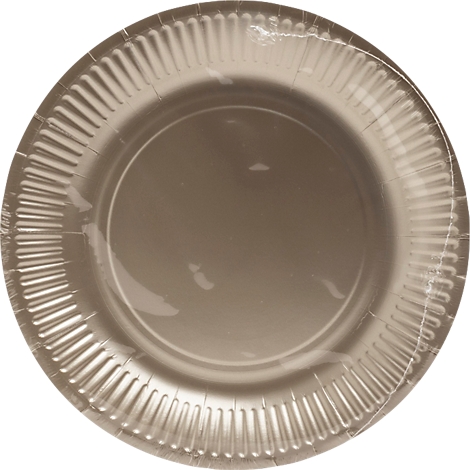 Assiette en carton beige, avec un bord extérieur nervuré. La surface semble lisse.