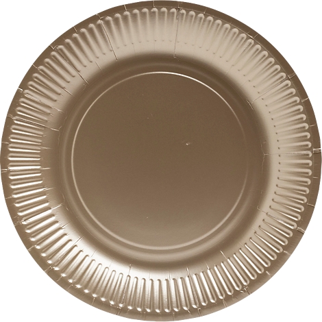 Assiette en carton dorée avec bordure côtelée.