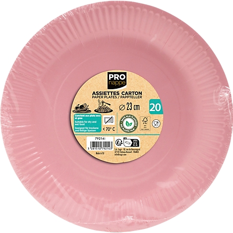 Assiette en papier rose, emballée. Imprimé : "PRO nappe", "ASSIETTES CARTON", 23 cm, 20 pièces, convient aux aliments jusqu'à 70°C.