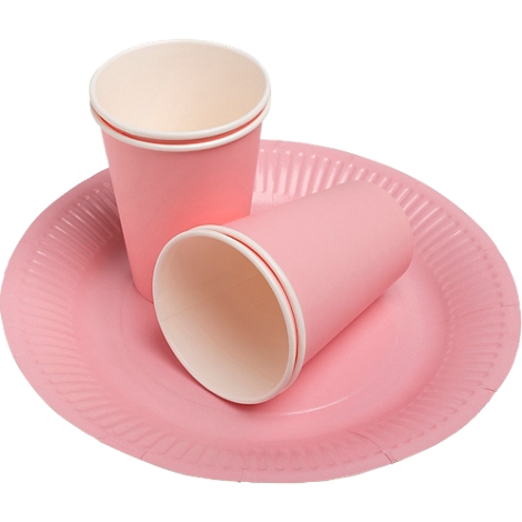 Assiette en papier rose et deux gobelets en papier rose. L'un est debout, l'autre est couché sur l'assiette.