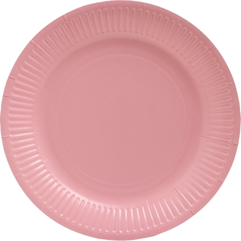 Assiette en papier rose clair avec un bord cannelé. L'assiette est ronde et photographiée sur fond blanc.